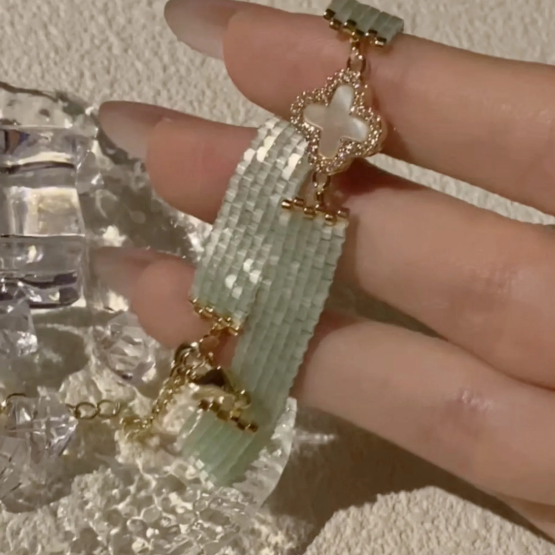 Handwoven Japanese Vintage Green Beaded Clover Bracelet