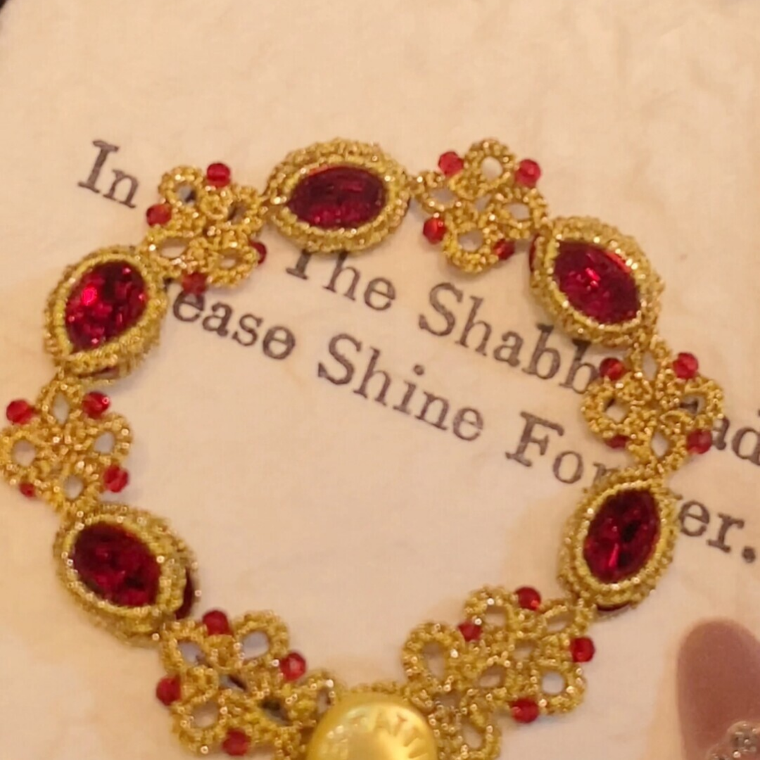 Handwoven French Ruby Beaded Lace Floral Frivolite Bracelet