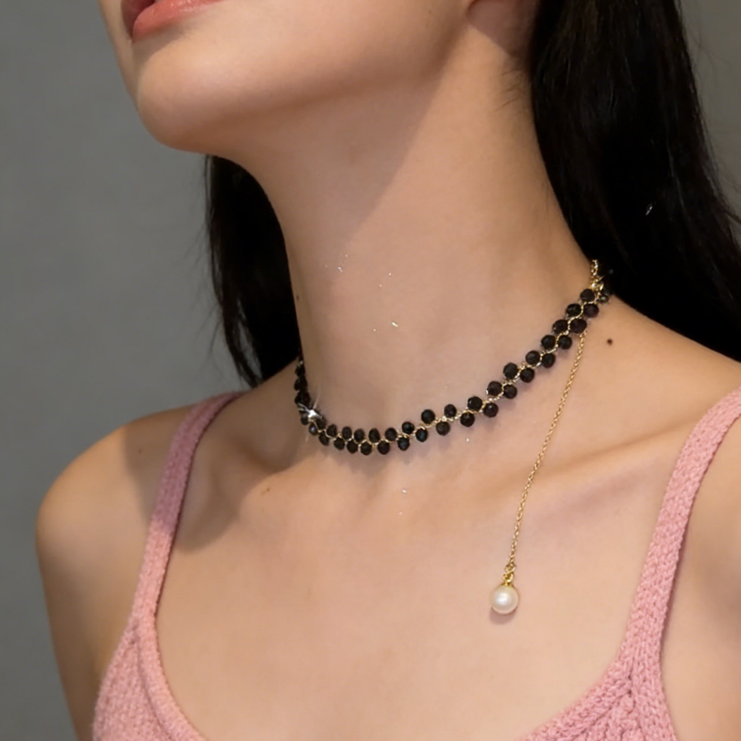 Black Obsidian Beaded Choker Minimalist Collarbone Necklace