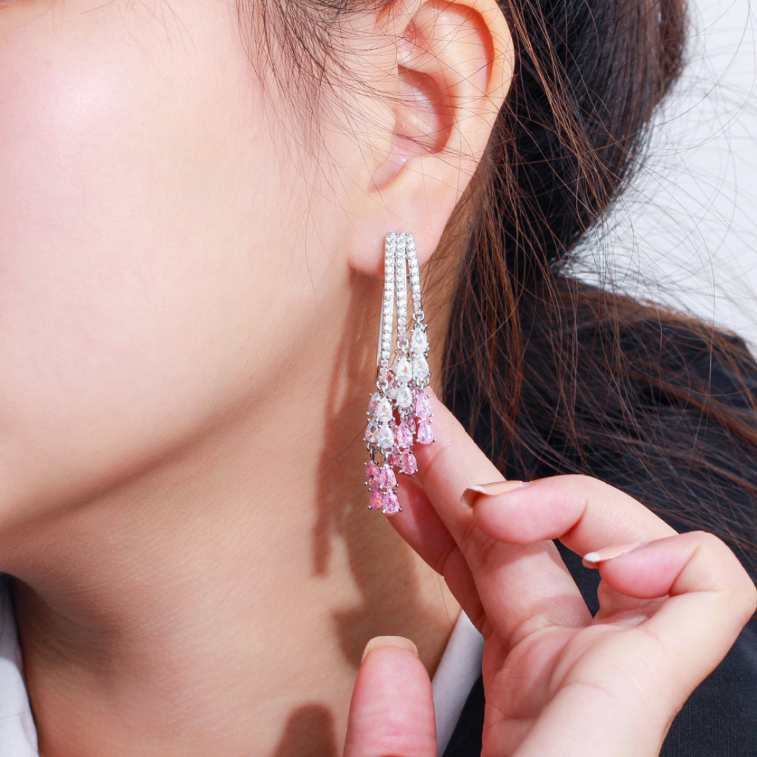 Luxury Pink Zircon Tassel Drop Lab Crystal Statement Earrings