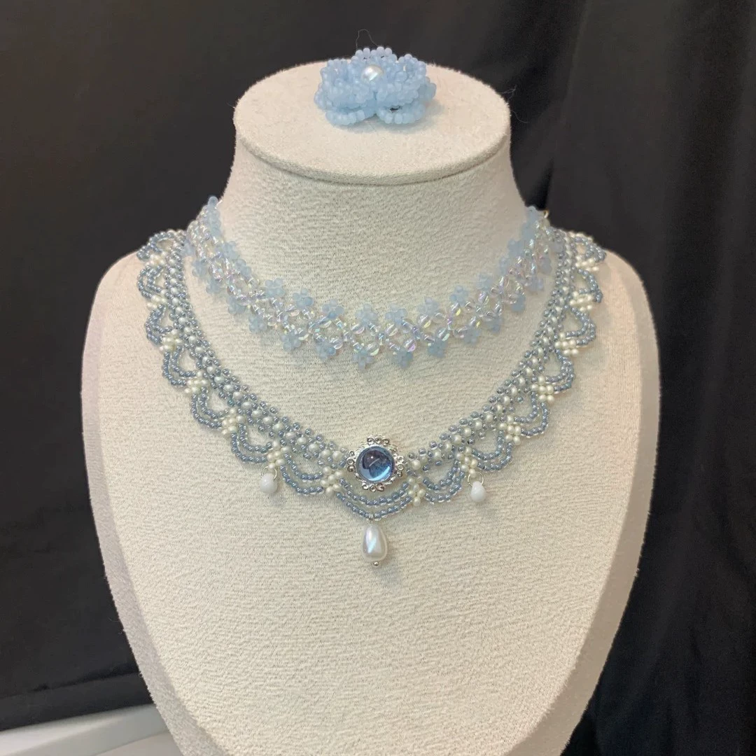 Handwoven French Pearl Lace Multi Layer Beaded Statement Necklace