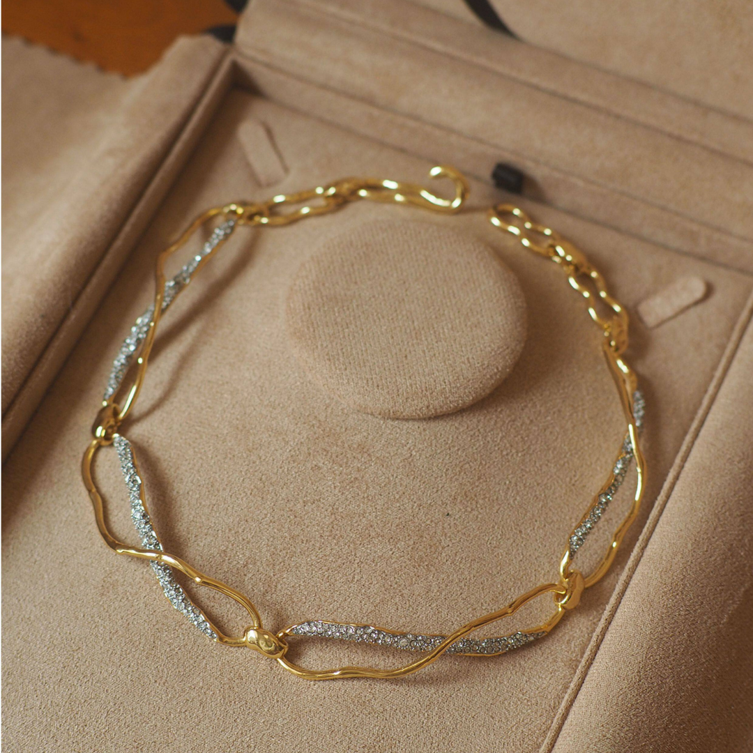 Gold Silver Chain Link Cubic Zirconia Statement Modern Necklace