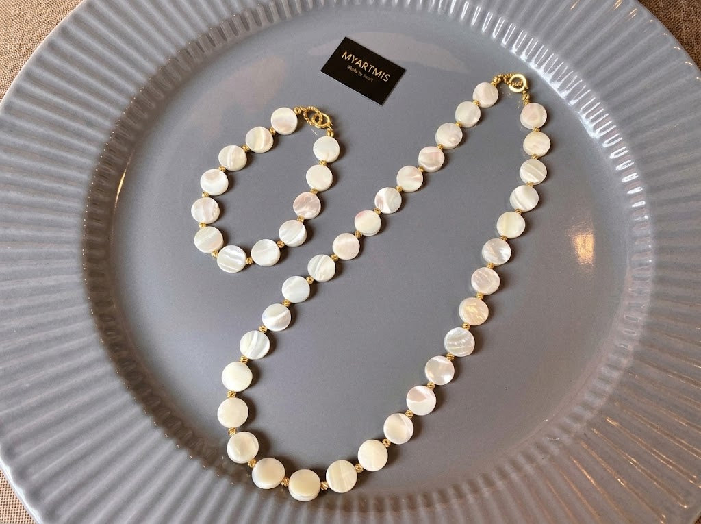 Natural Mother of Pearl Shell Beaded Choker Necklace & Matching Bracelet Jewelry Set for Women