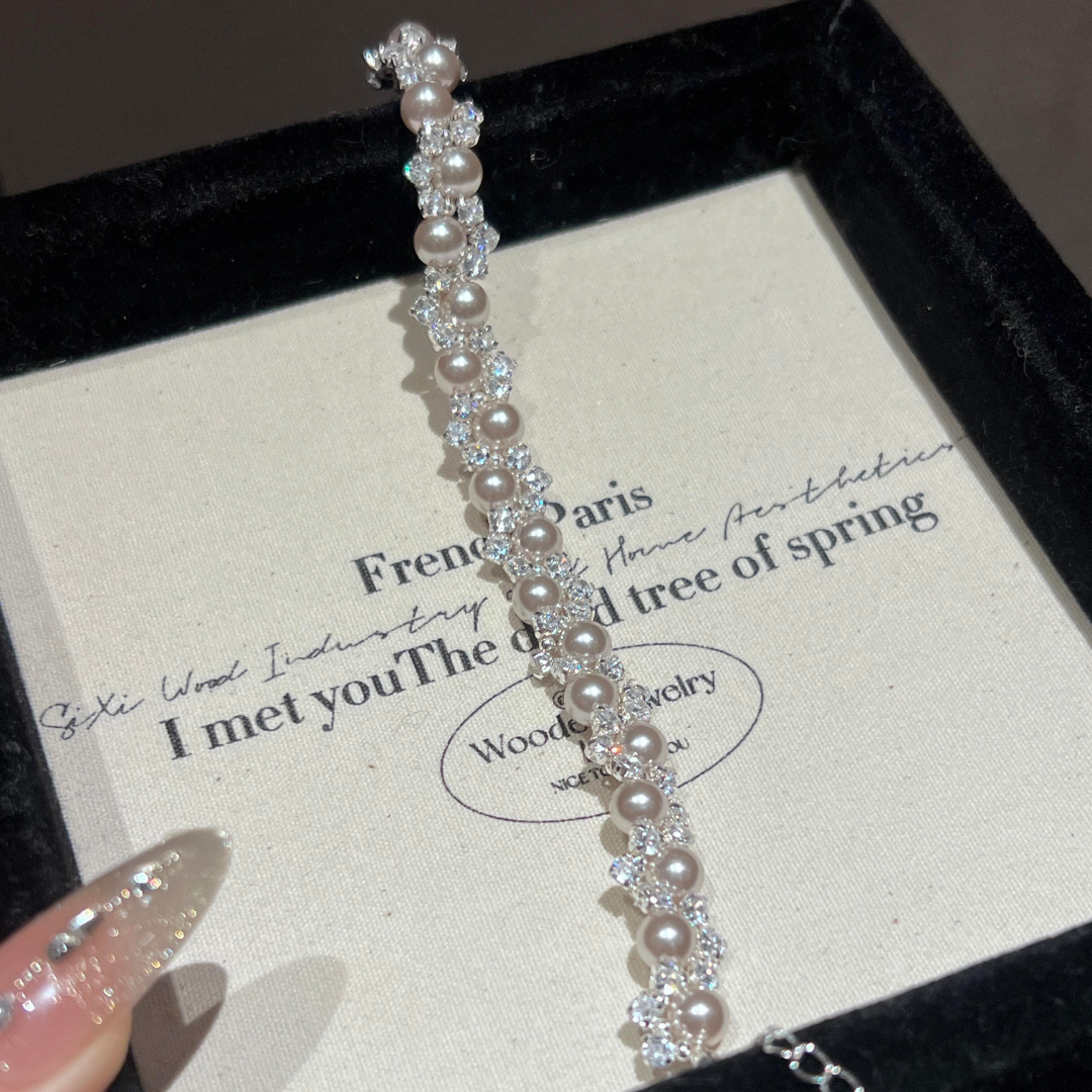 Handwoven French Tatting Pearl & Zircon Bracelet