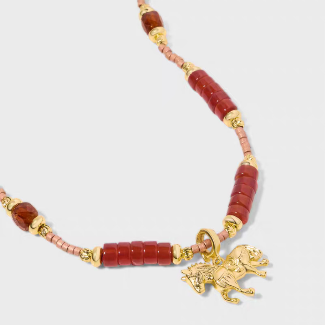 Red Agate Horse Charm Necklace Gold Beaded Pendant Necklace / Bracelet