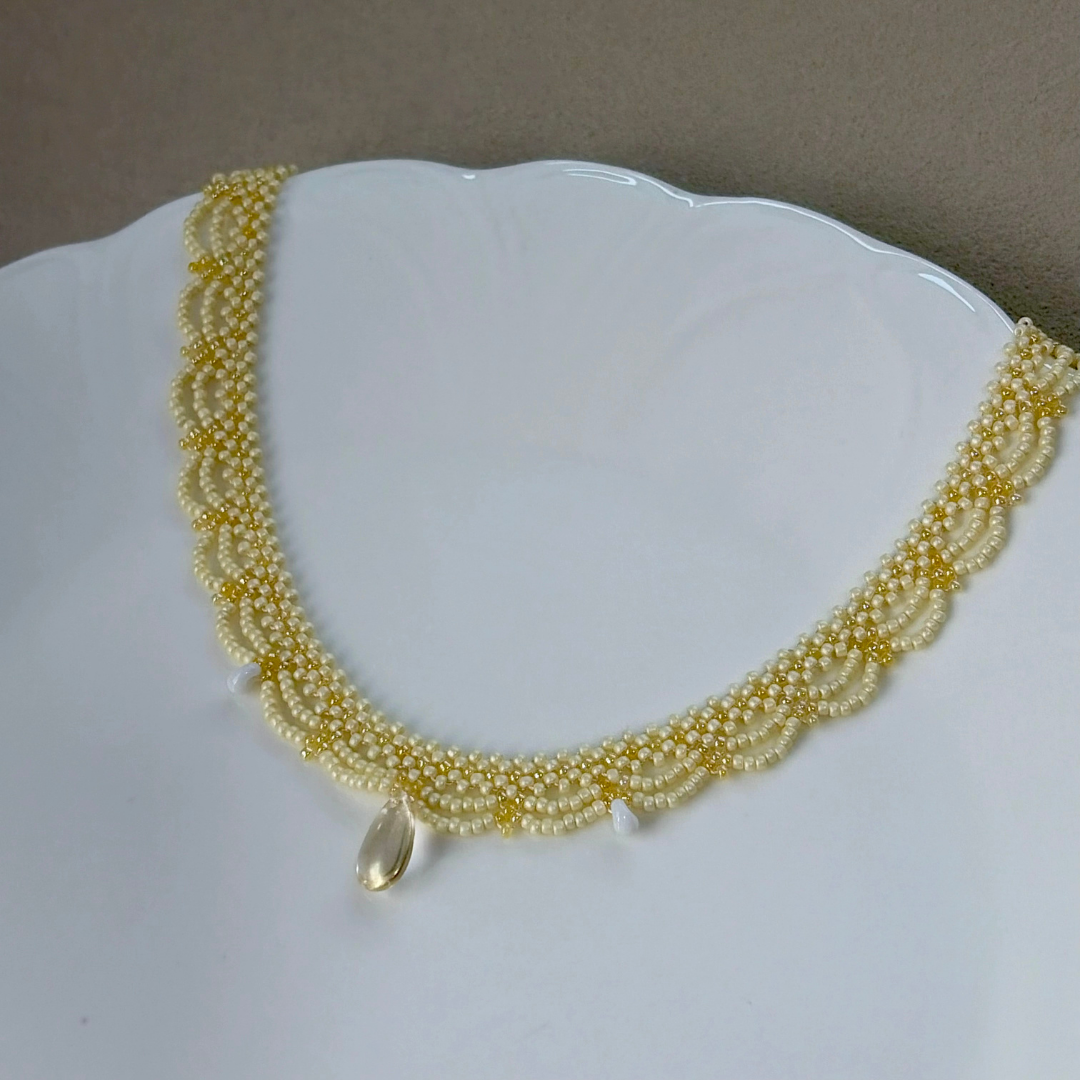 Handwoven Beaded Lace Pale Yellow Vintage French Style Necklace