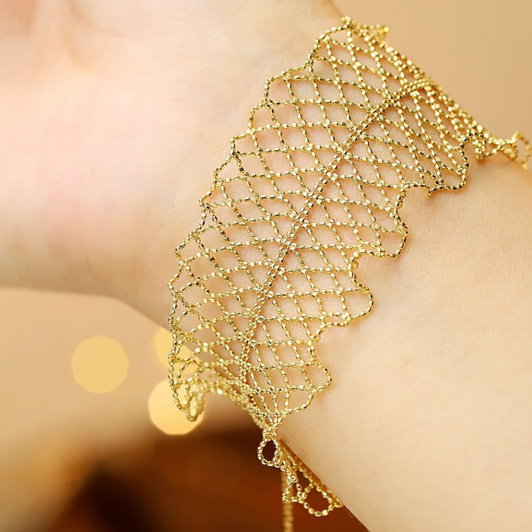 Handwoven Gold Lace Cuff Bracelet Adjustable Filigree Statement Bracelet