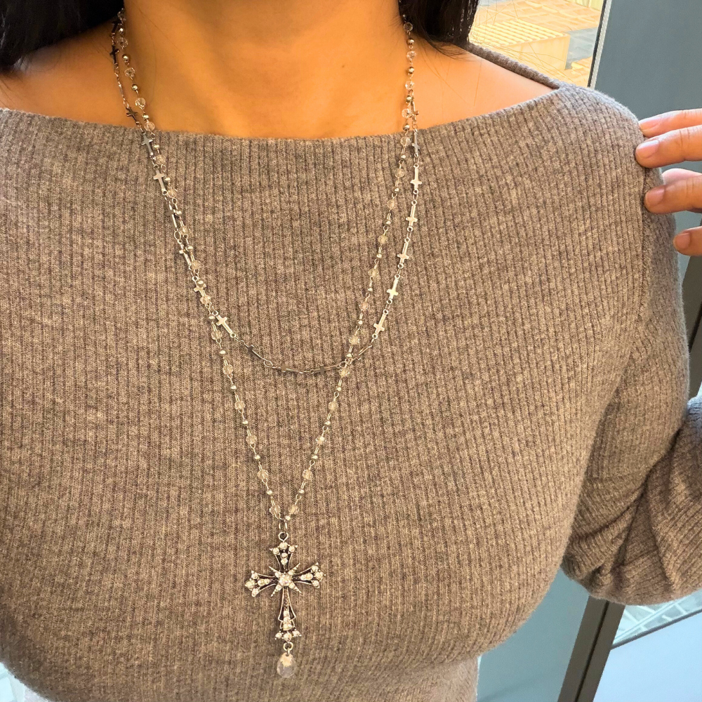 Layered Metal Cross Pendant Vintage Style Necklace