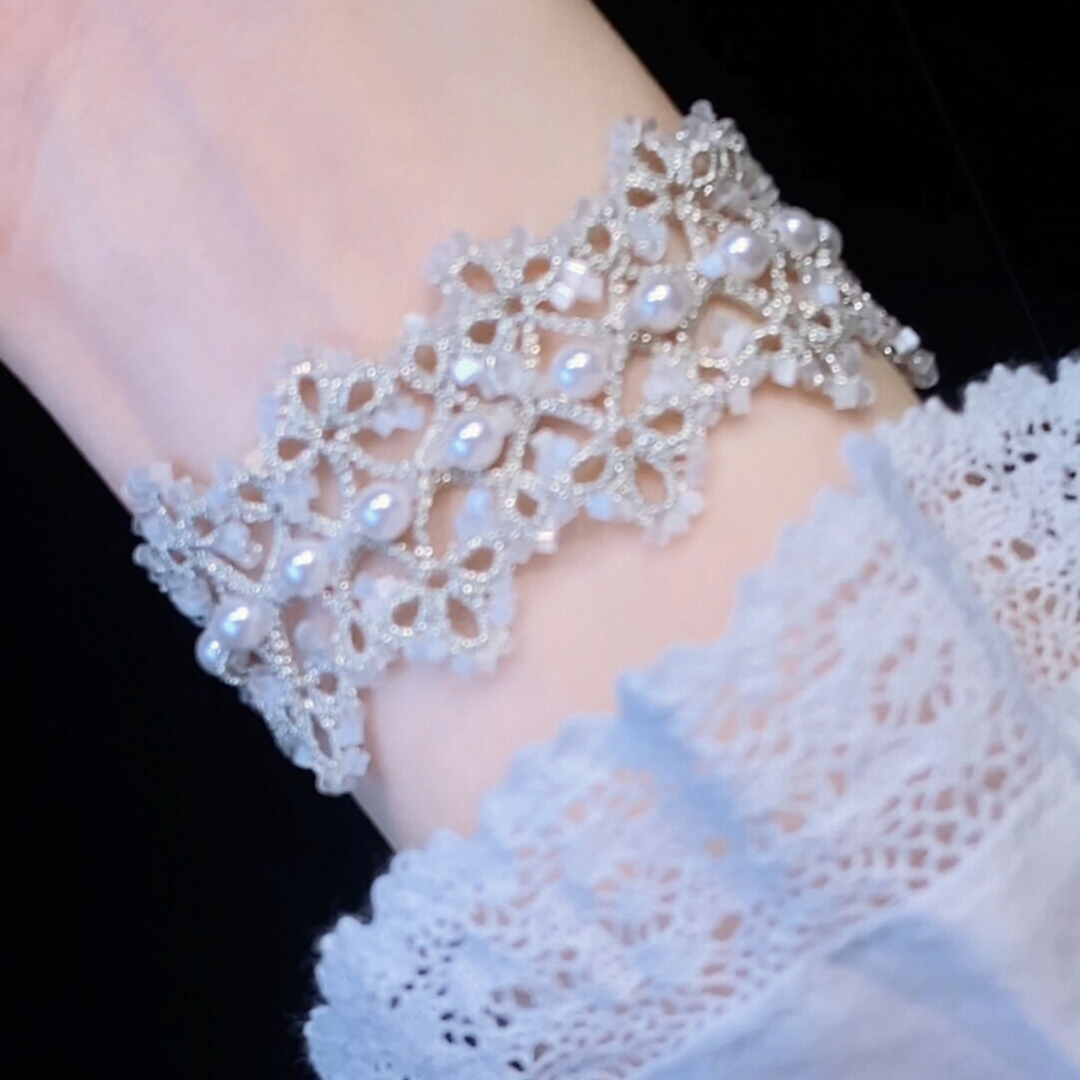 French Vintage Pearl Handwoven Tatting Bracelet