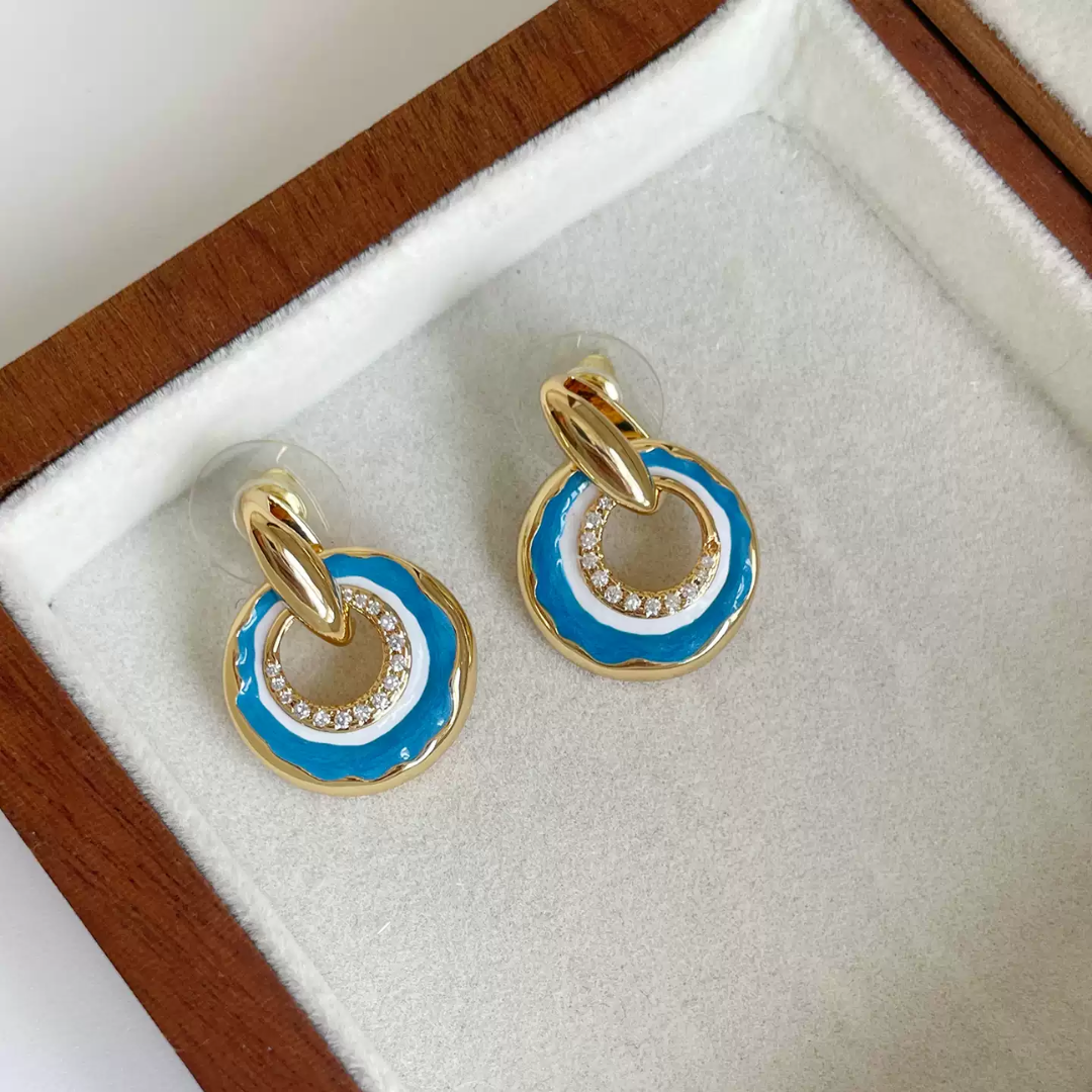 Enamel Circle Lab Grown Diamond Titanium Steel Earrings