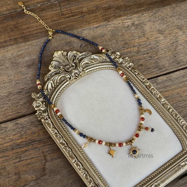 Celestial Natural Stone Layering Necklace, Tarnish-Free Star & Moon Choker, 520 Valentine's Gift for Her, Retro Aesthetic Jewelry