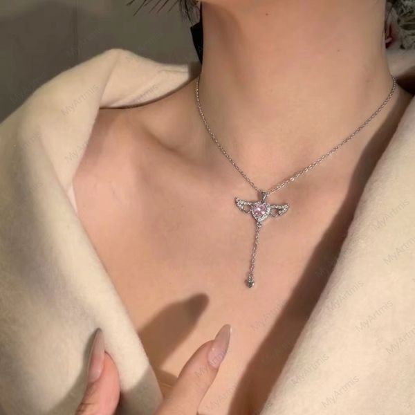 Sparkling Pink CZ Heart Angel Wings Necklace for Women, Y2K Coquette Aesthetic Tassel Pendant Jewelry Gift
