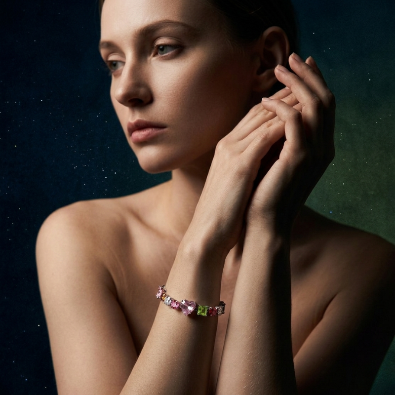 Rainbow Cubic Zirconia S925 Sterling Silver Tennis Bracelet Adjustable Dainty Colorful Jewelry