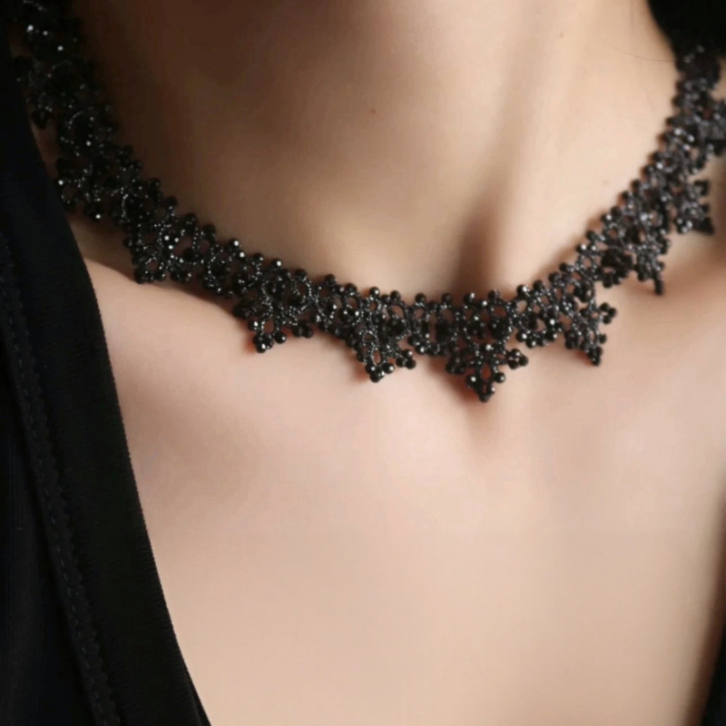 Hand-Tatted Black Spinel Lace Necklace & Bracelet Set Sparkling Statement Jewelry for Women