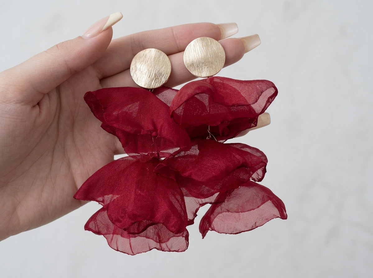 Handmade Chiffon Flower Petal Earrings, Long Floral Dangle Earrings, 925 Silver Post, Elegant Beach Vacation Jewelry Gift for Her