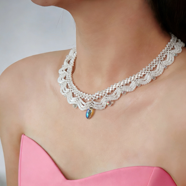 Handwoven White Opal Crystal Beaded Lace Necklace / Bracelet