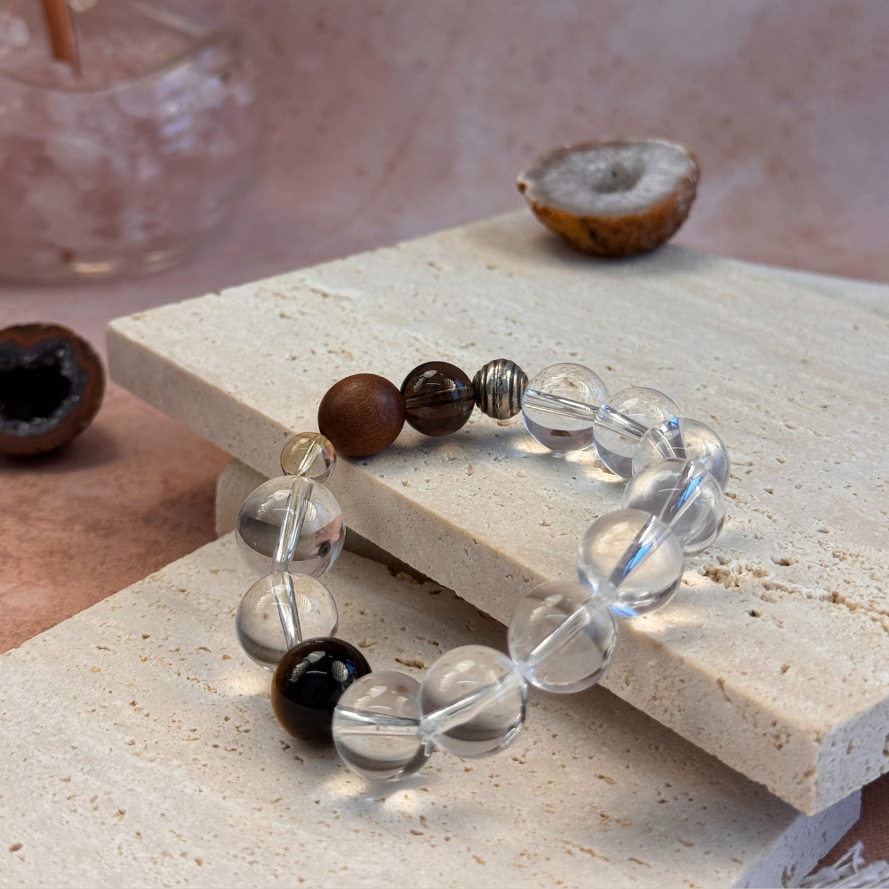 Tiger’s Eye Smoky Quartz Wooden Balance Bracelet