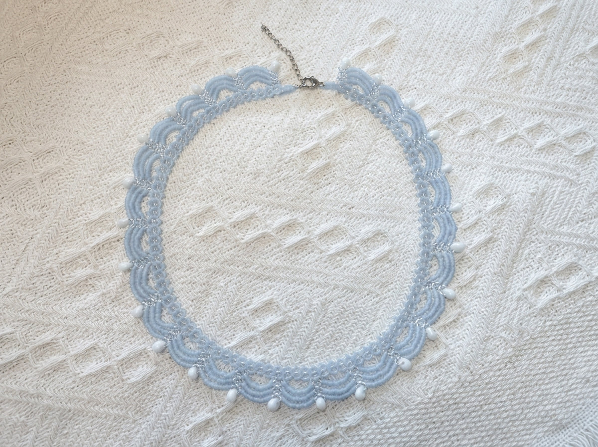 Handmade Ice Blue Beaded Lace Choker Necklace, Elegant Pearl Seed Bead Collar, Vintage Chinese Style Bridal Jewelry Gift for Her