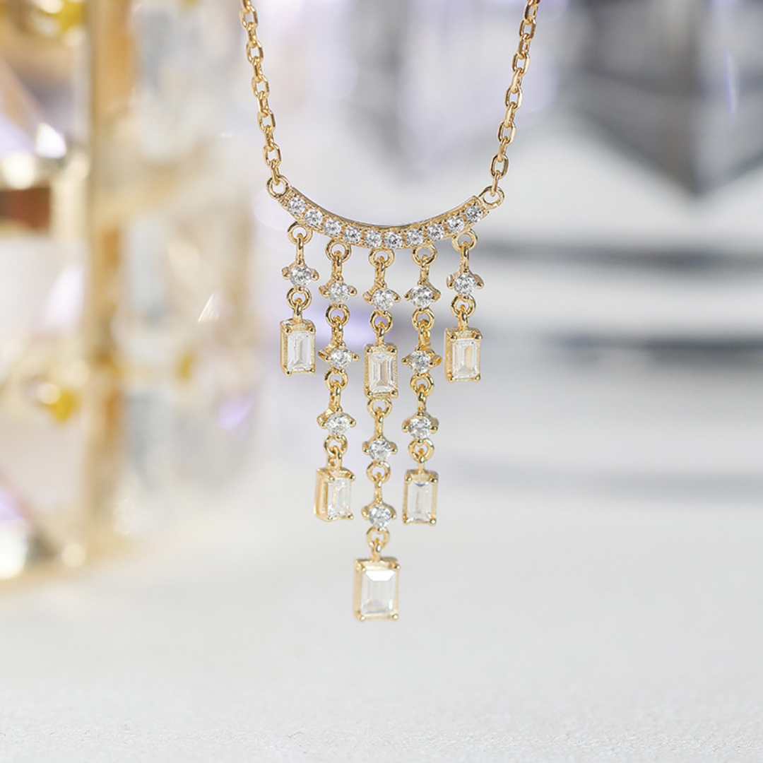Gold Plated Cubic Zirconia Tassel Japanese Luxury Necklace