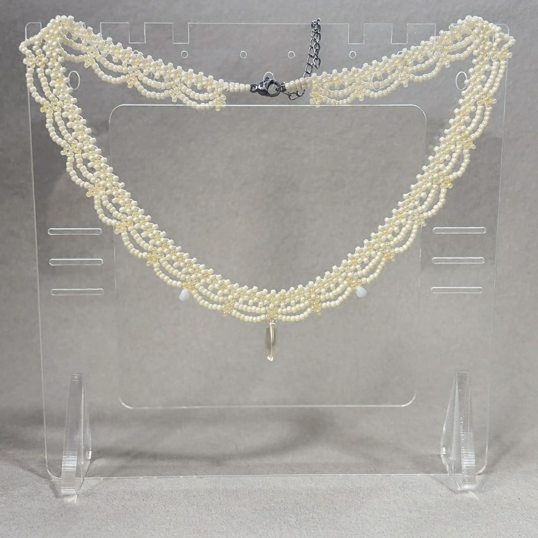 Handwoven Beaded Lace Pale Yellow Vintage French Style Necklace