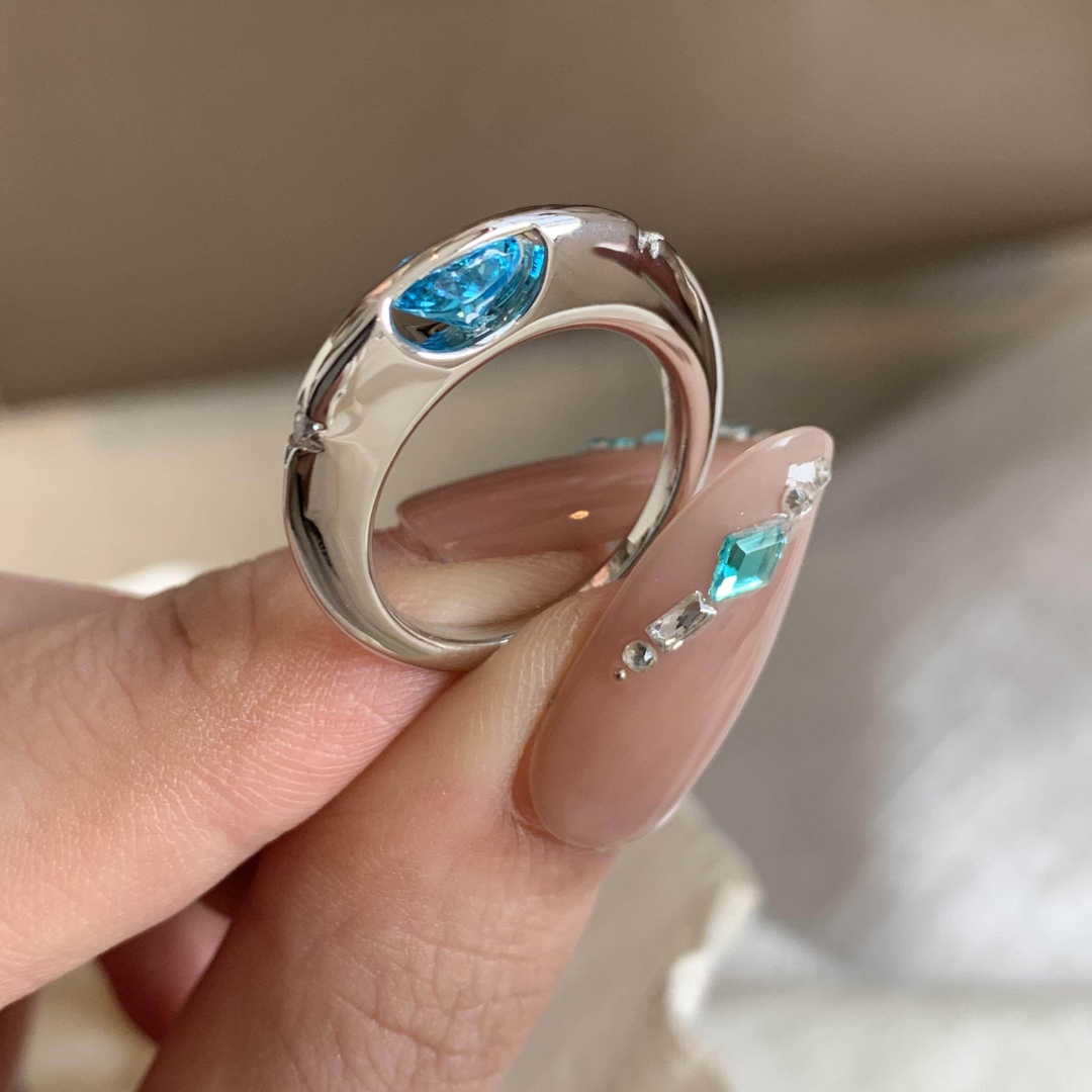 Ocean Blue Heart Zircon Open Adjustable  Ring