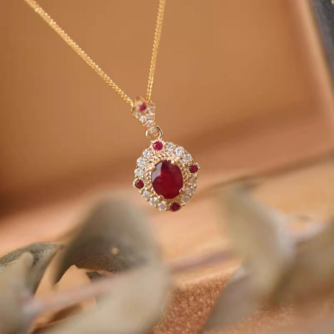 Vintage Roman Lab Ruby Halo Pendant Red Gemstone Necklace