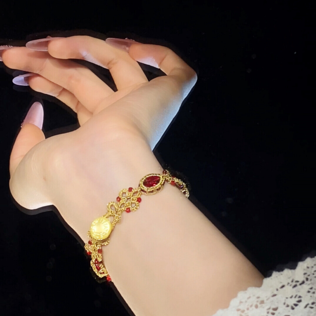 Handwoven French Ruby Beaded Lace Floral Frivolite Bracelet