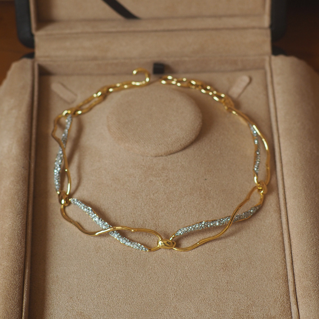 Gold Silver Chain Link Cubic Zirconia Statement Modern Necklace