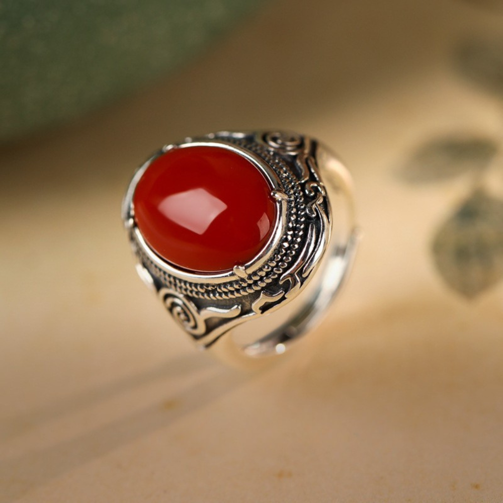 Red Agate Silver Cloud Healing Ring