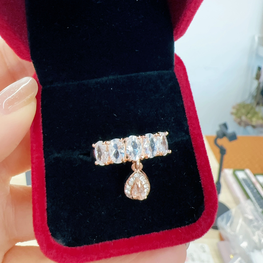 Pink Teardrop Crystal Halo Adjustable Silver Ring