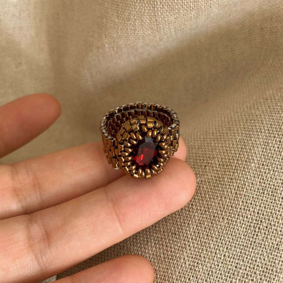 Handwoven Beaded Red Crystal Statement Ring Vintage Adjustable Ring
