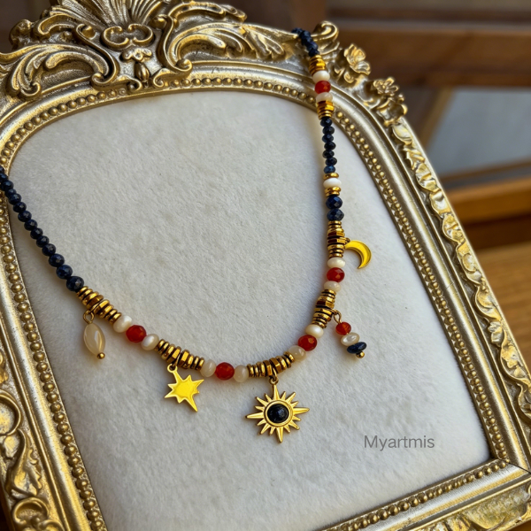 Celestial Natural Stone Layering Necklace, Tarnish-Free Star & Moon Choker, 520 Valentine's Gift for Her, Retro Aesthetic Jewelry