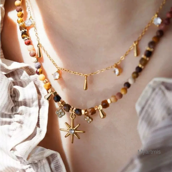 Natural Stone Layering Necklace  Tarnish-Free Star Charm Choker Vintage Maillard Style Layered Jewelry for Her