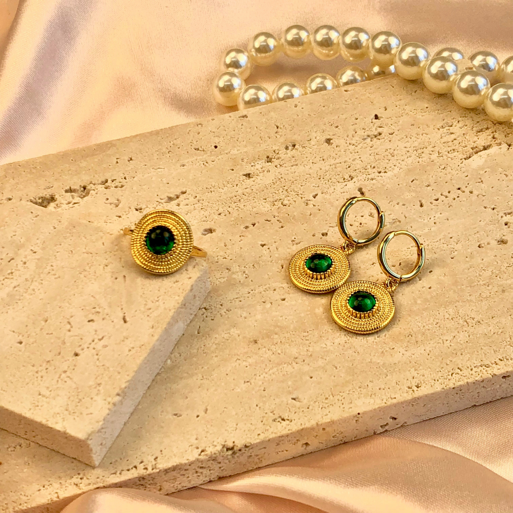 Green Agate Gold Medallion Energy Earrings