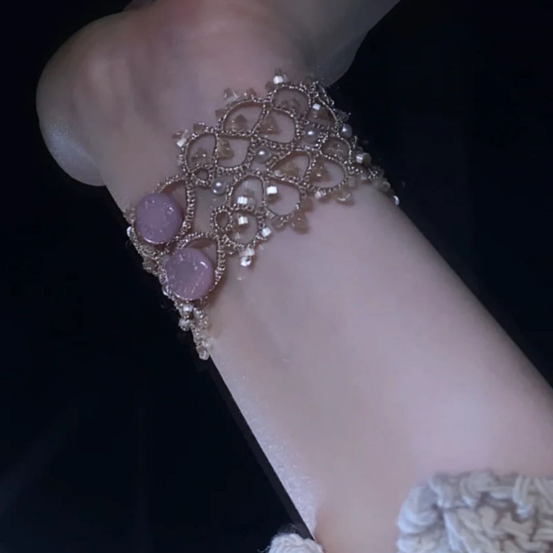 Handwoven Moonstone Lace Vintage French Beaded Bracelet