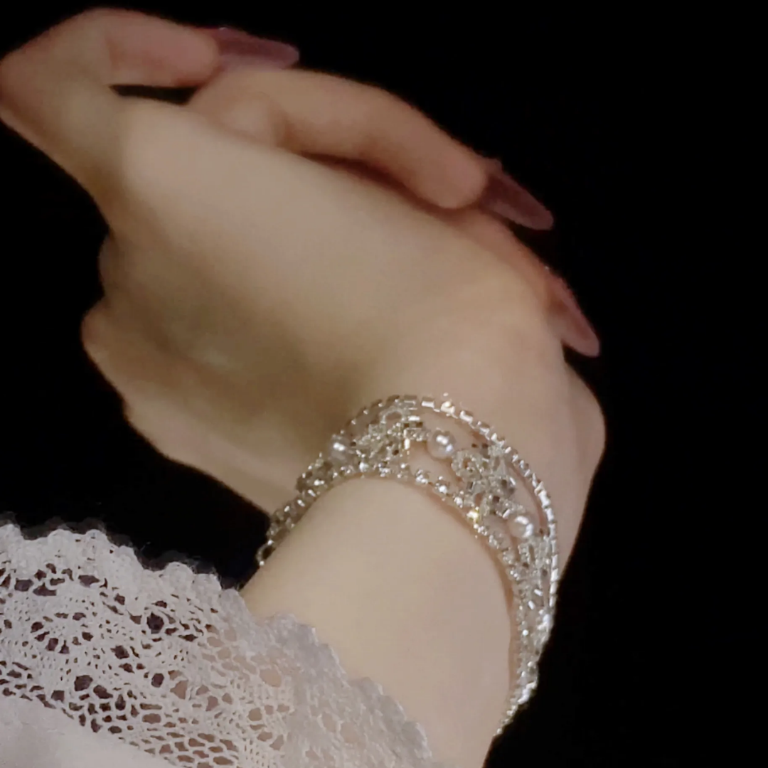 Hand Woven French Lace Pearl Crystal Beaded Floral Bracelet