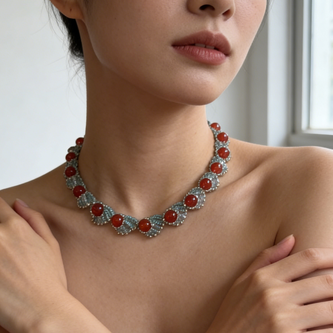 Handwoven Red Agate Lace Vintage Multi Layer Statement Necklace / Bracelet