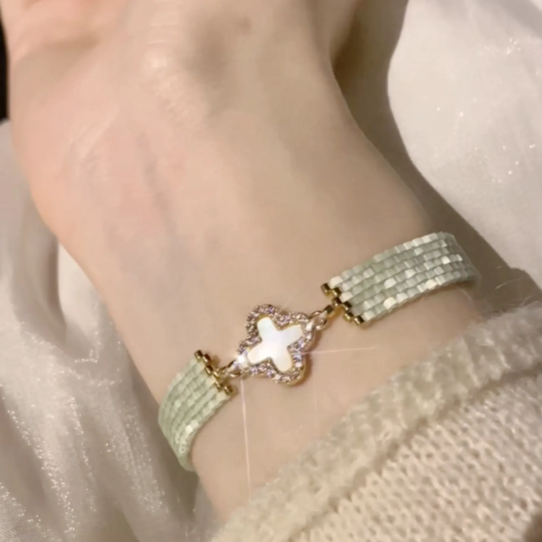 Handwoven Japanese Vintage Green Beaded Clover Bracelet