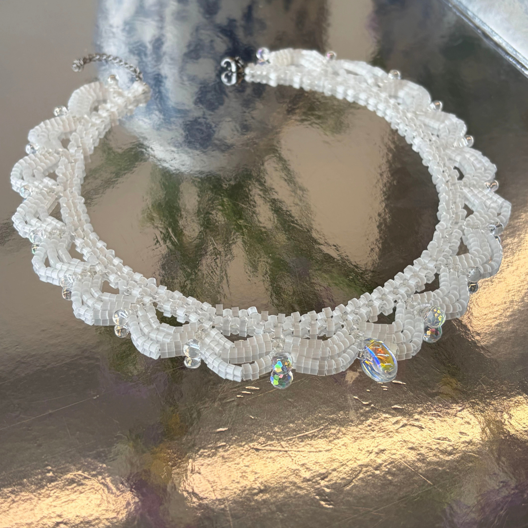 Handwoven White Opal Crystal Beaded Lace Necklace / Bracelet