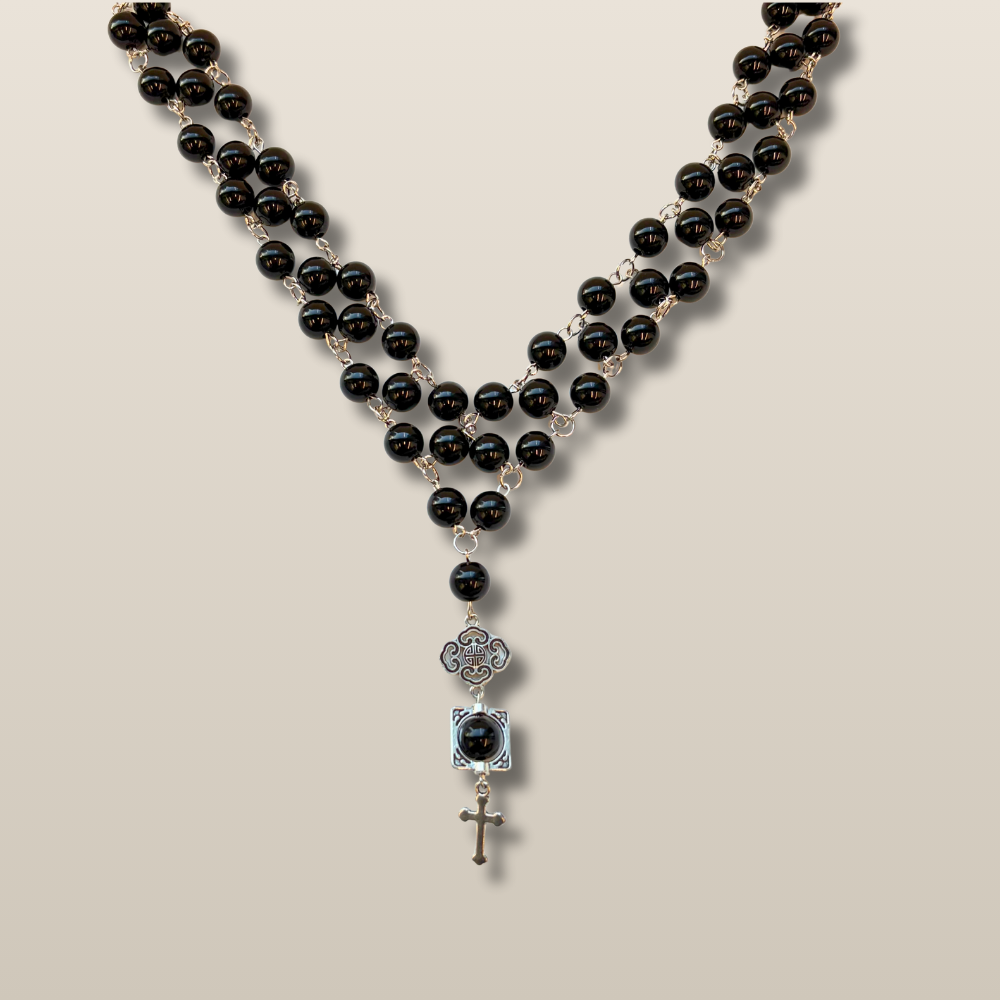 Bead Layered Cross Pendant Choker Necklace