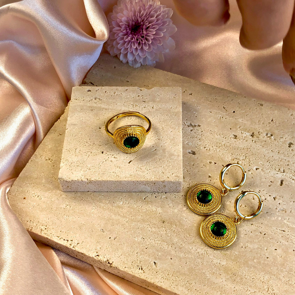 Green Agate Gold Medallion Energy Earrings