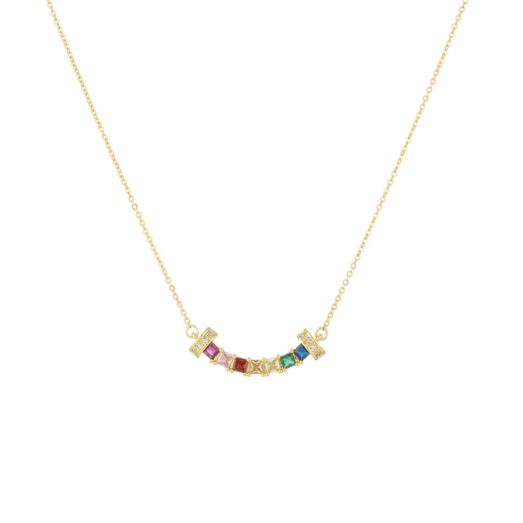 Rainbow Baguette Curve Lab-Grown Diamond Sterling Silver Necklace
