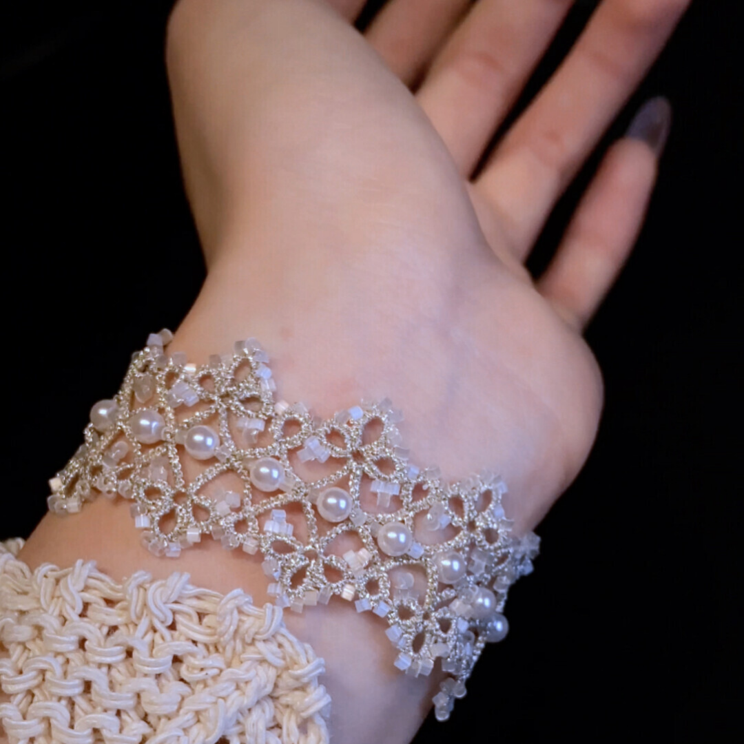 French Vintage Pearl Handwoven Tatting Bracelet