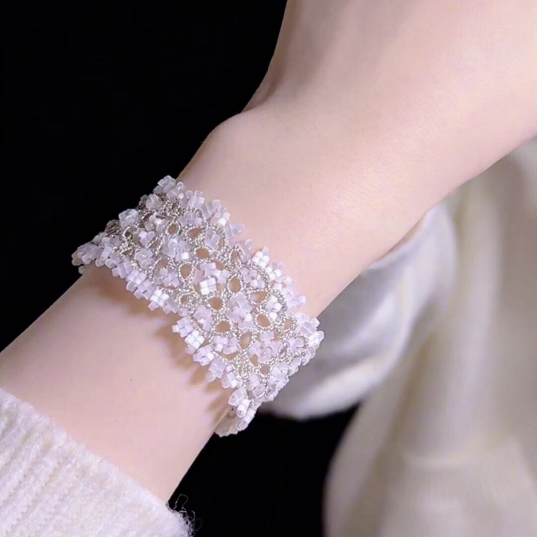 White Moonstone Lace Beaded Handwoven Frivolite Bracelet