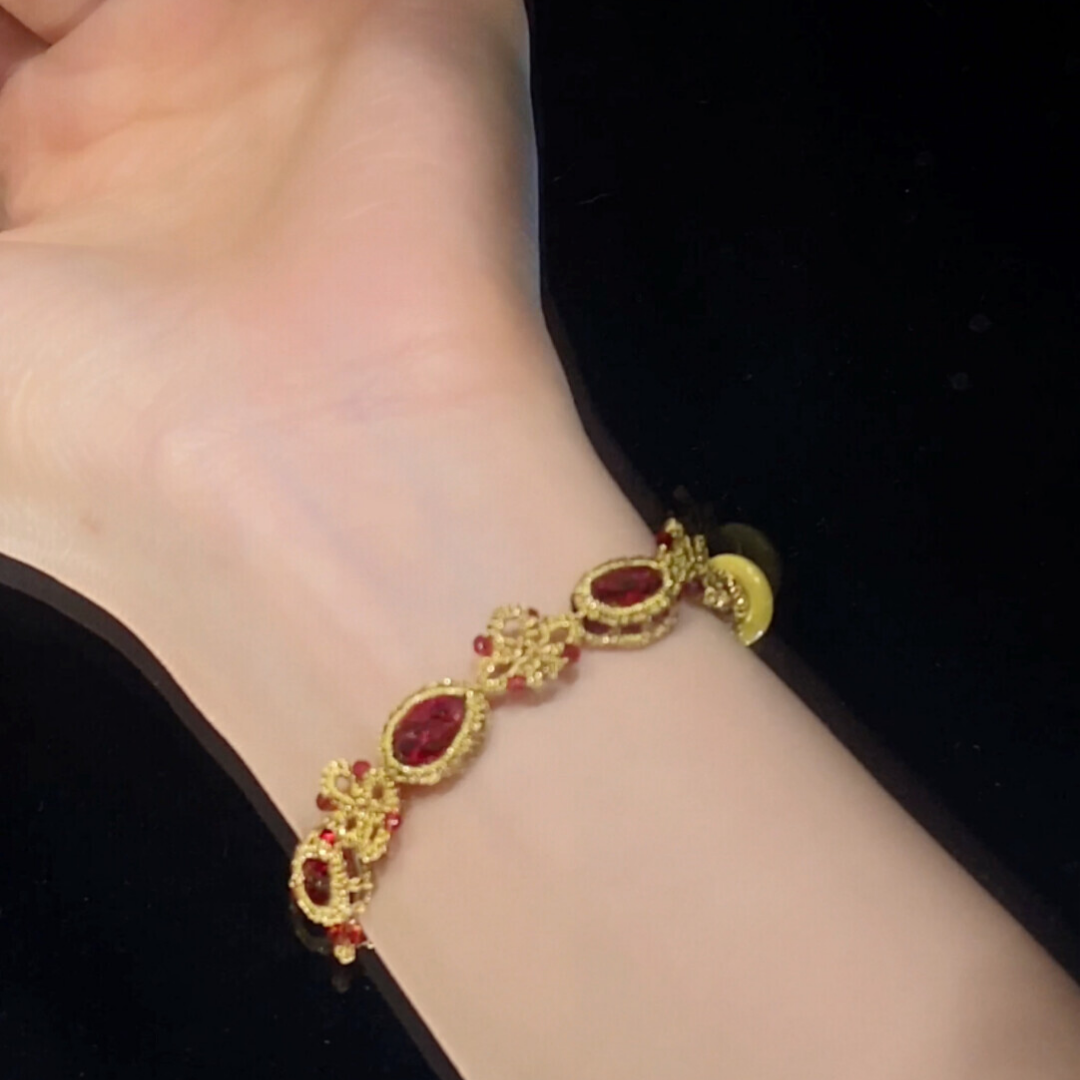 Handwoven French Ruby Beaded Lace Floral Frivolite Bracelet