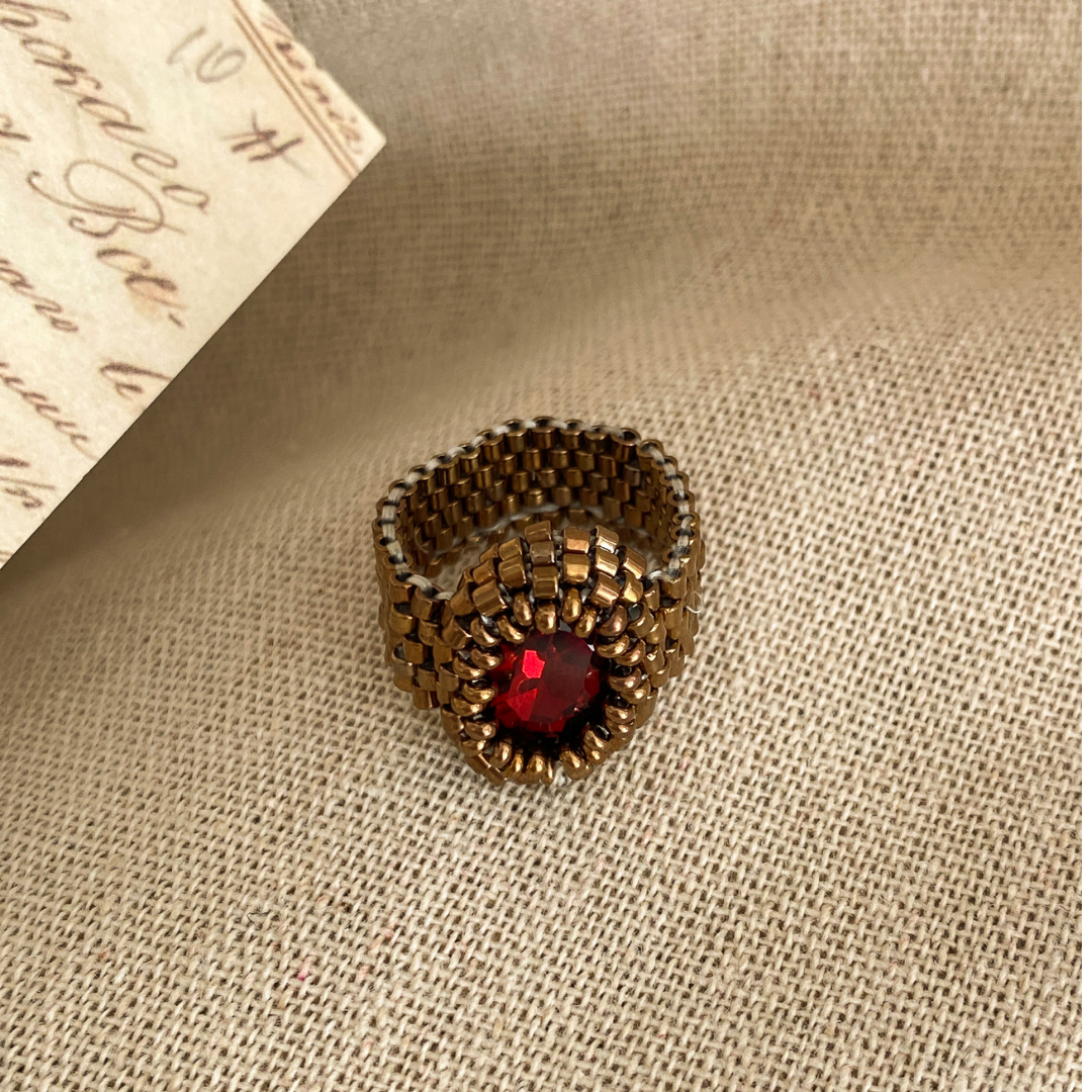 Handwoven Beaded Red Crystal Statement Ring Vintage Adjustable Ring