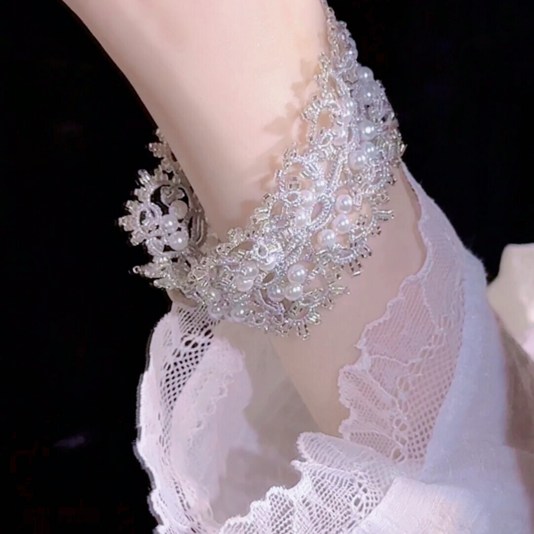 White Pearl Handwoven Tatting Lace Adjustable Bracelet