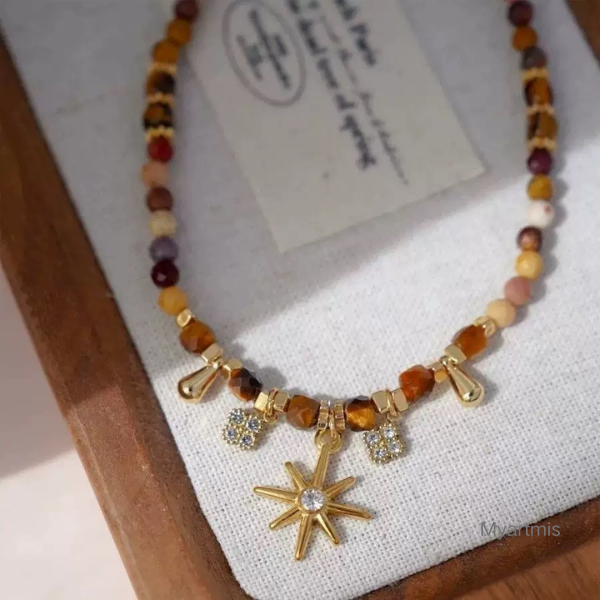 Natural Stone Layering Necklace  Tarnish-Free Star Charm Choker Vintage Maillard Style Layered Jewelry for Her