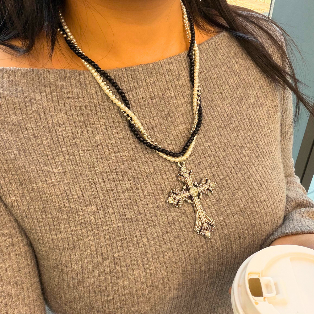 Pearl Radiance Cross Layered Chic Necklace