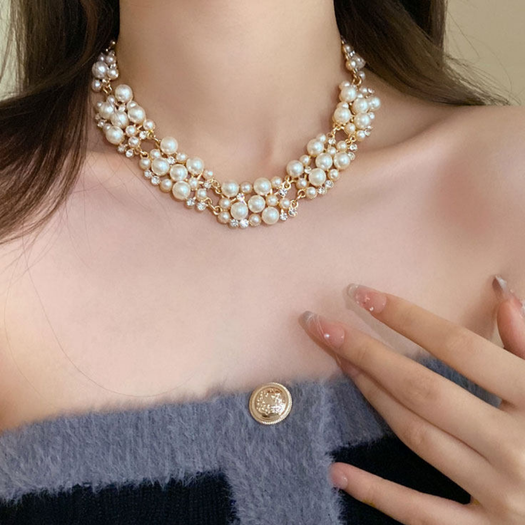 Handwoven French Pearl Statement Layered Gold Beaded Collar Necklace